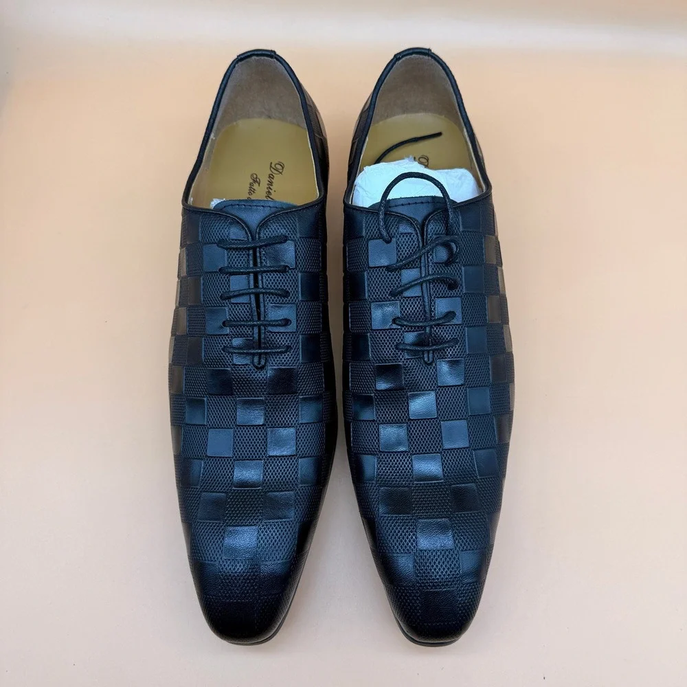 Santimon‎ Men's US 9 Black Leather Plaid Texture Oxfords Lace Up Dress Shoes